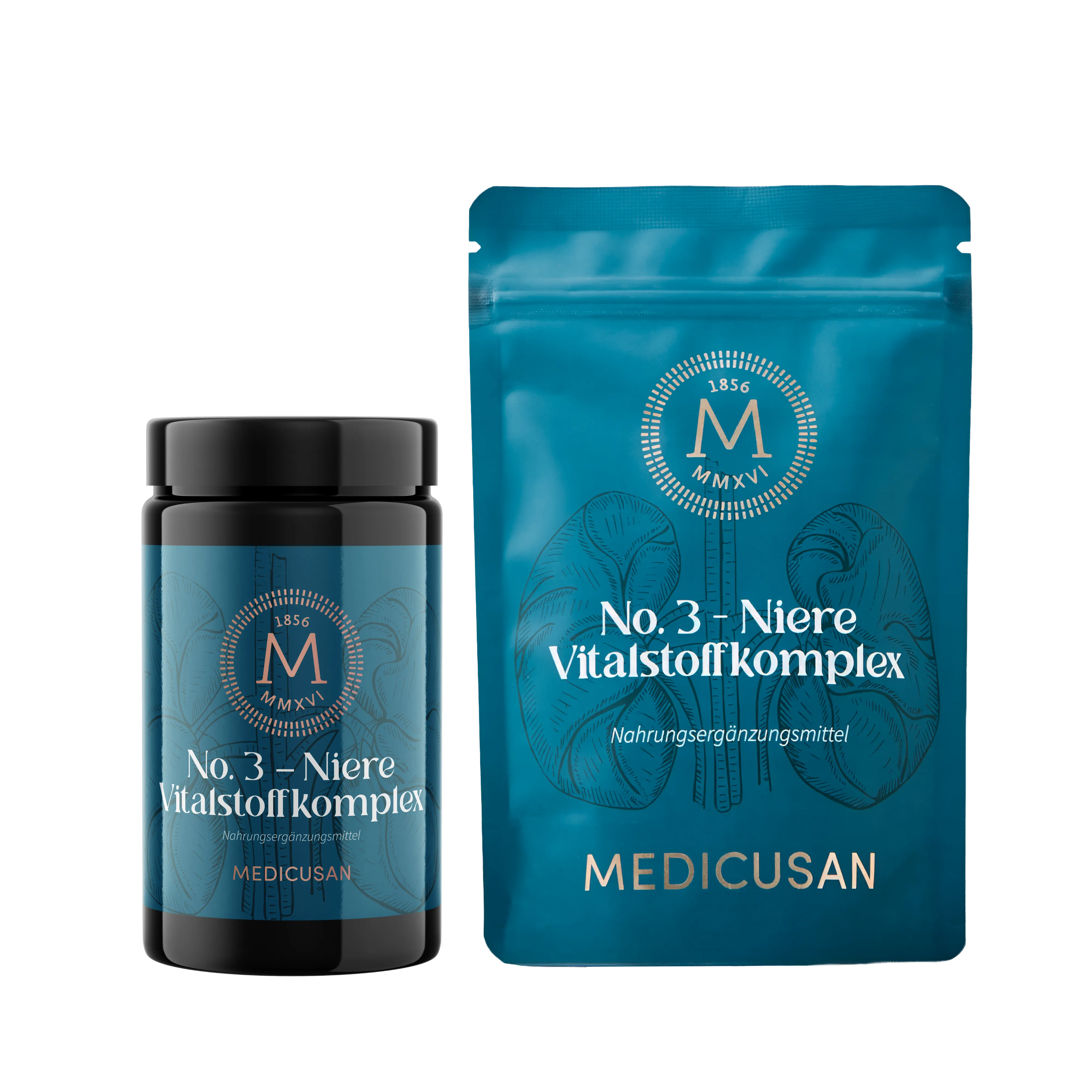 No. 3 Niere Vitalstoffkomplex im Miron Violettglas und im Standbodenbeutel
